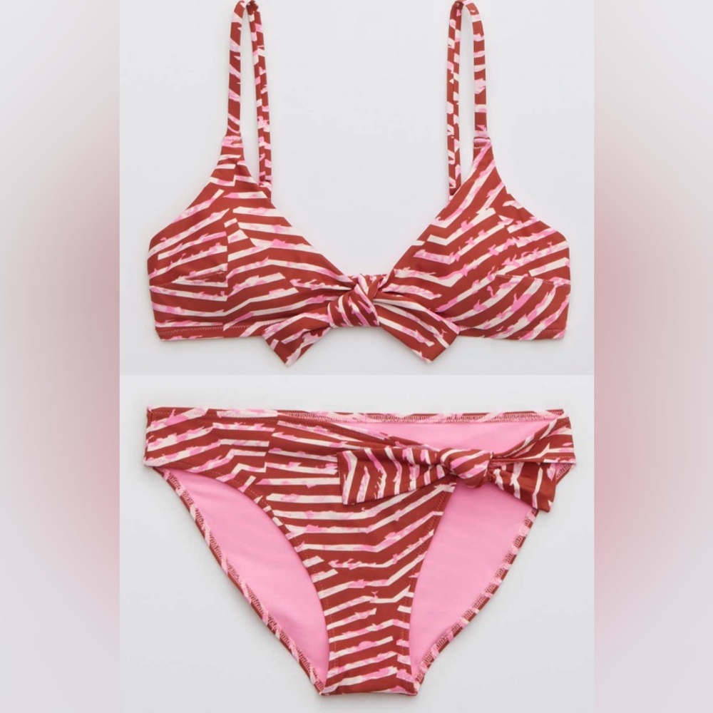 NWT Aerie FULL SET Tie Front Scoop Top + Side Tie Bottoms in Pink - Size L / XL